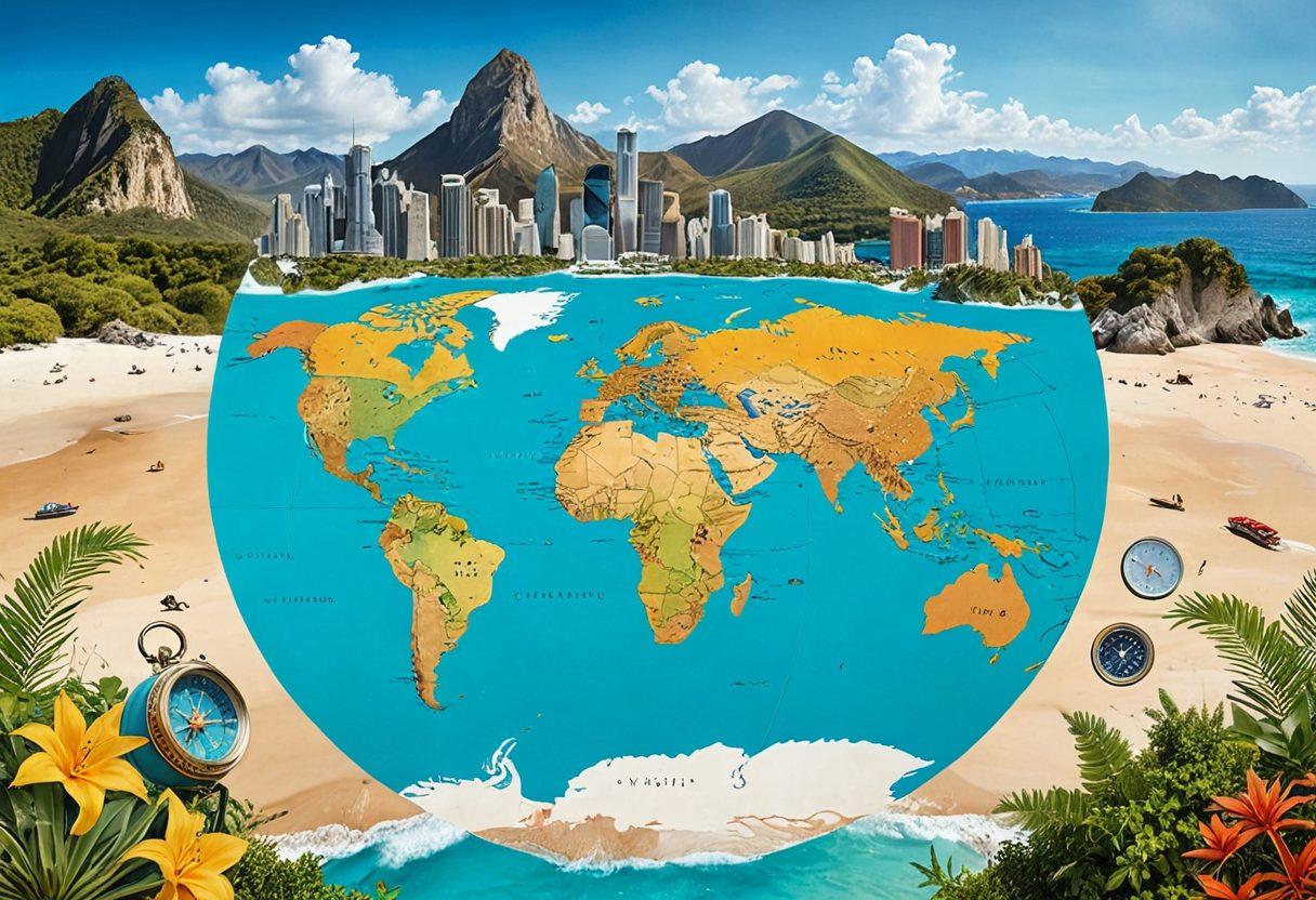 A collage showcasing various travel experiences, featuring a picturesque beach for weekend getaways, an adventurous mountain hike, and a vibrant city skyline for cross-country journeys. Include a compass and world map to symbolize exploration and the spirit of travel. Bright, inviting colors to evoke wanderlust. super-realistic. vibrant colors. white background.