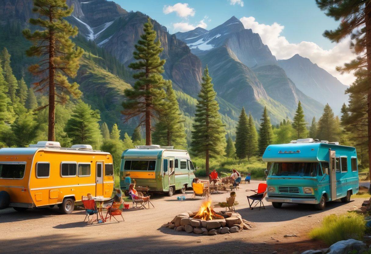 A scenic highway stretching through a vibrant landscape, dotted with colorful RVs and cheerful travelers enjoying picnic spots under sunny skies. In the foreground, a group of friends laughing and sharing stories around a campfire, while nature's beauty unfolds behind them with lush greenery and distant mountains. The overall theme conveys freedom, adventure, and joy in exploration. super-realistic. vibrant colors. 3D.