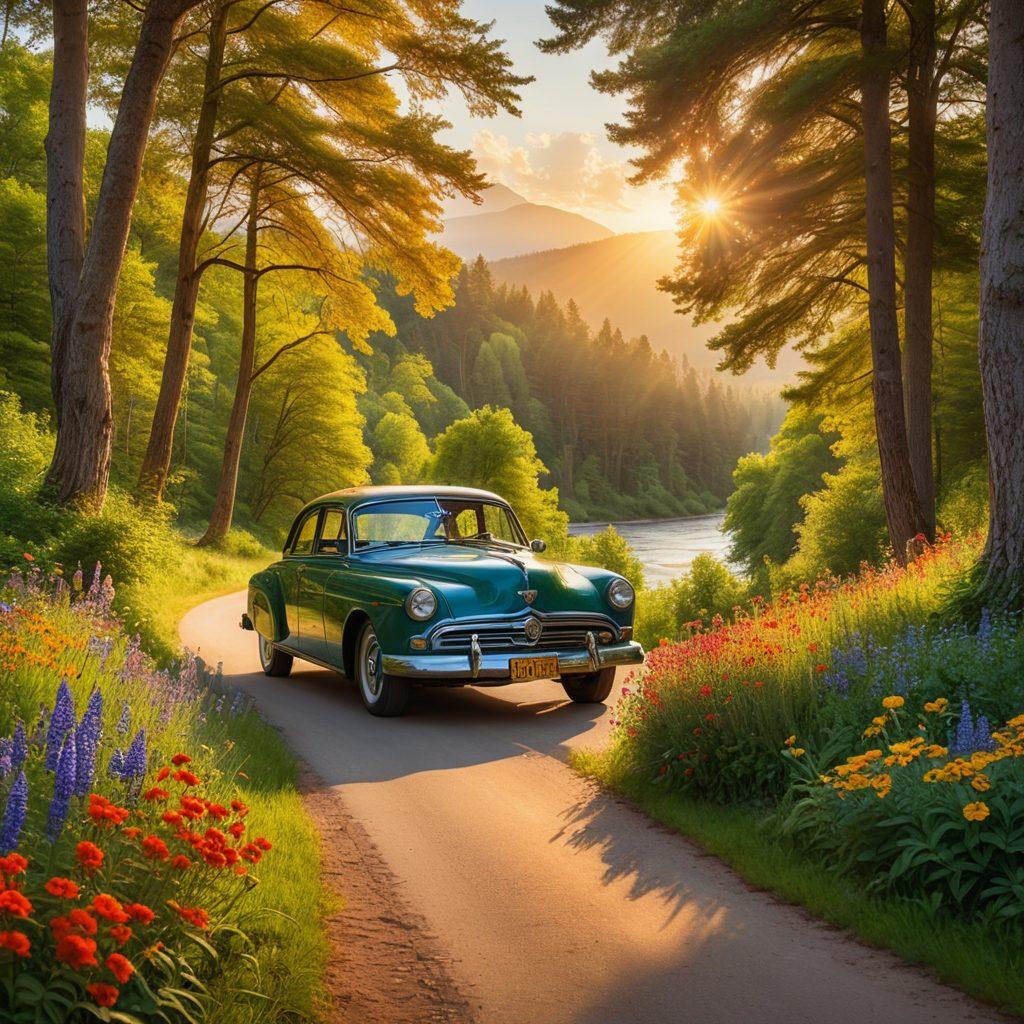 A breathtaking road winding through a lush green forest, with towering trees and colorful wildflowers on either side. The sun sets in the background, casting a warm golden glow over the scene, while a vintage car can be seen cruising along the road, with happy travelers enjoying the journey. Include a small picnic setup by the roadside for added charm. vibrant colors. super-realistic. painting.